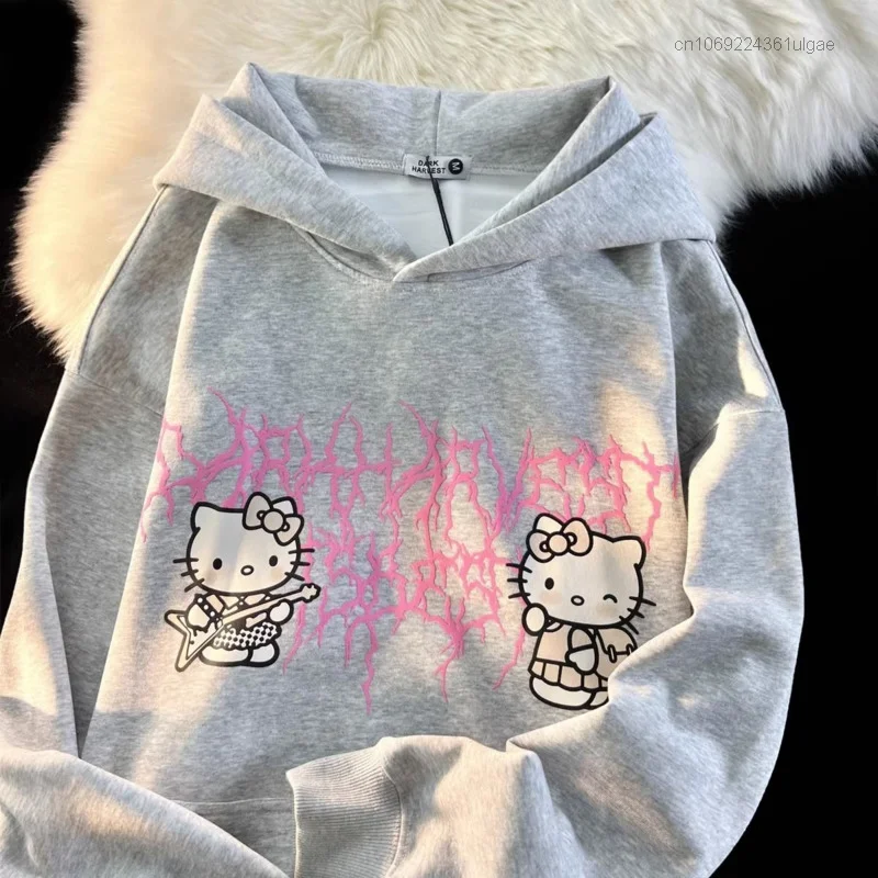 Imagem -04 - Hoodies Estéticos Sanrio Hello Kitty para Homens e Mulheres Pulôveres Estilo Americano Moletons Soltos Tendência Anime Novos Tops Estampados Outono Y2k