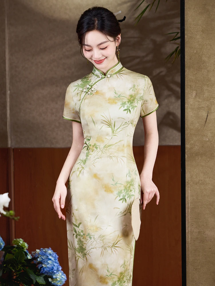 

Ele Young Chinese Sle Dr Daily Wear ort Sve Long Qipao Young Women's Faionable High Waist Design