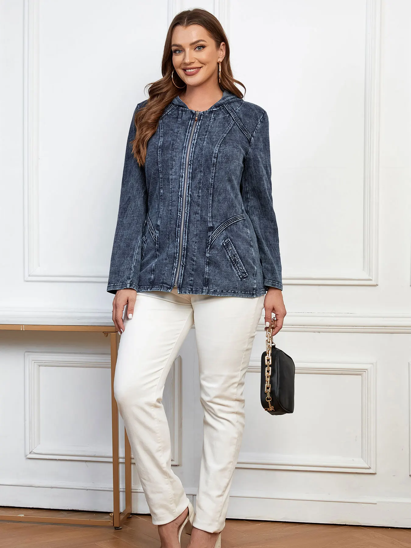 LIH HUA-Veste à Capuche en Denim pour Femme, Veste en Coton Tricotée, Manches sulf, Veste Décontractée, Grande Taille, Automne