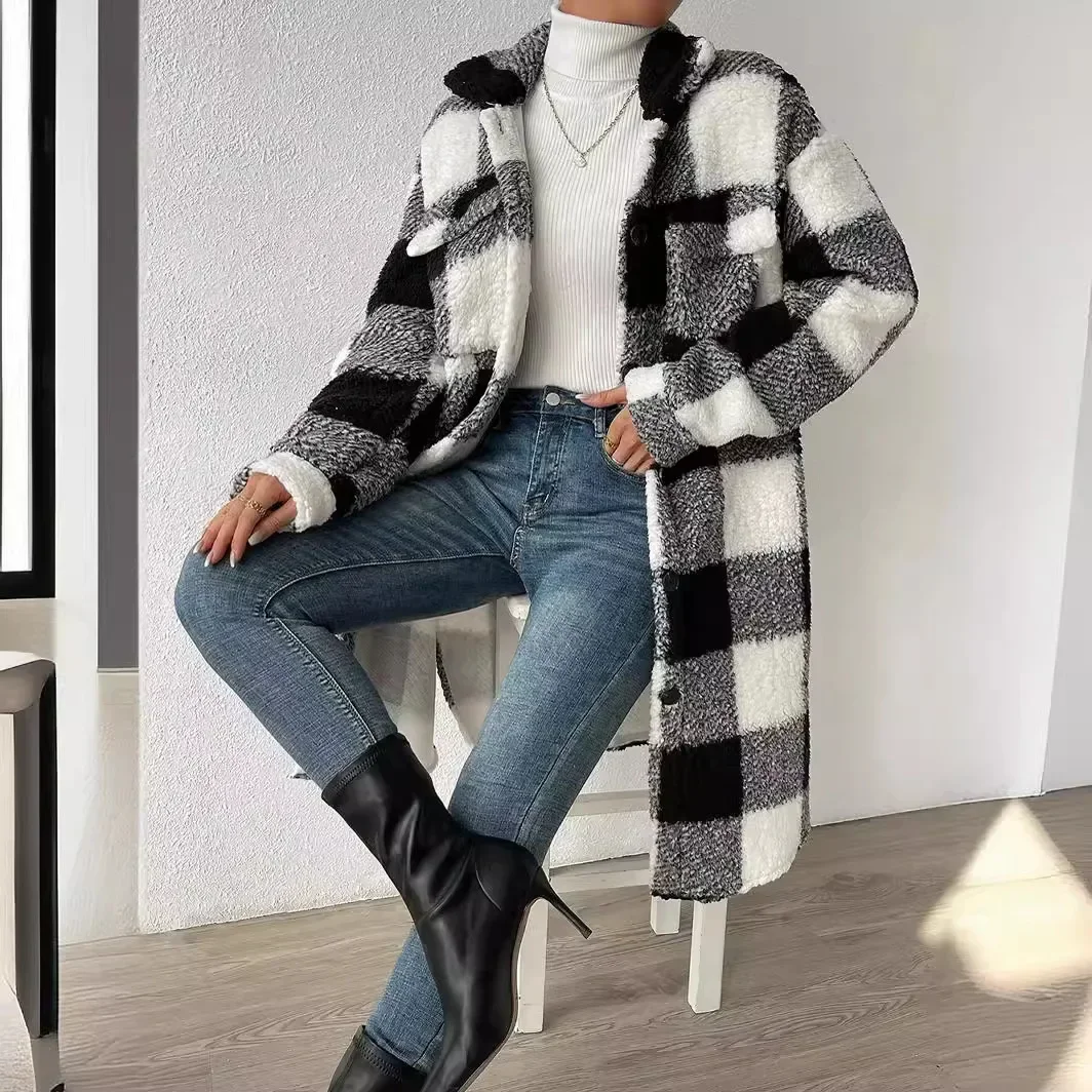 Europe, America, autumn and winter open lapel plush plaid jacket loose temperament commuter long coat women