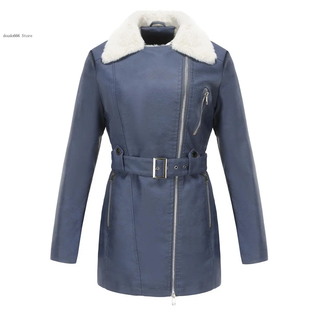 Autumn and Winter Long-Sleeved Fleece-Lined Leather Women\'s Lapel Double-Head Zipper with Belt Warm Jacket