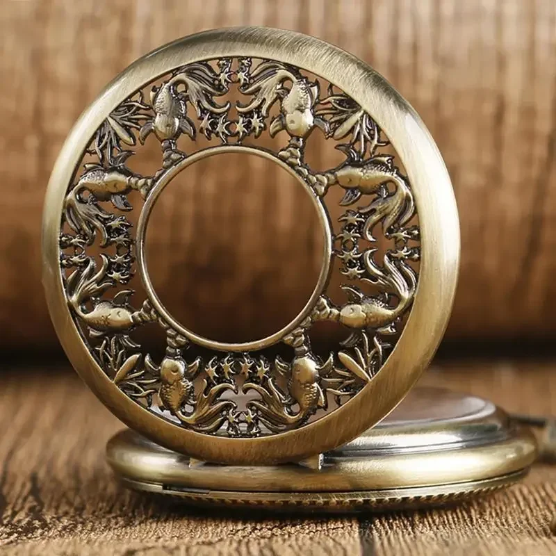 Antique Bronze Hollow Fish Steampunk Hand-winding Mechanical Pocket Watch Pendant Chain Retro Clock for Women Men Gift