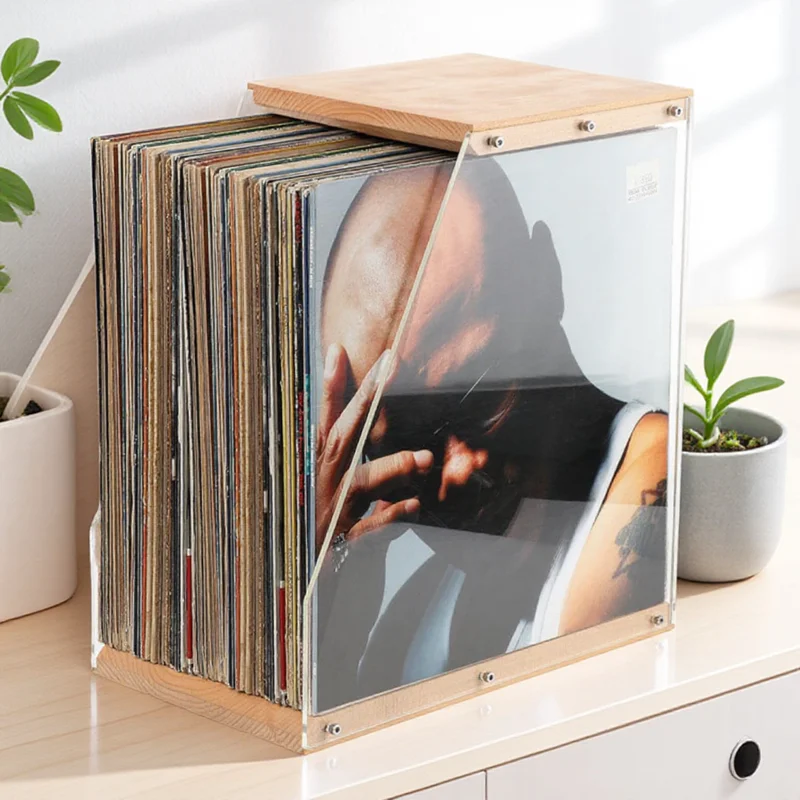 Solid Wood Wooden Record Holder Transparent Design Space-Saving Desktop Storage Rack Retro Minimalist Style Stable Structure