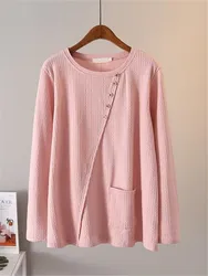 Ropa de talla grande para mujer, camiseta de manga larga con cuello redondo, tejido elástico de punto con patrón superior, envío gratis, primavera y otoño