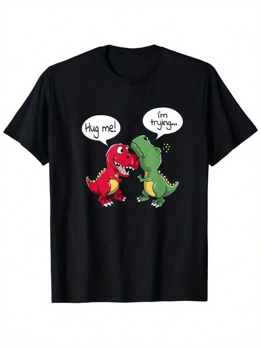 Dinosaur Pun Hug Me I'm Trying Humor Men's-Shirt Soft and Breathable Short Sleeve Daily Wear Outdoor Activities Basic Round 100% Cotton Trendy Y2K Short-Sleeve Tee-Soft, Quick-Drying, Moisture-Wicking; Great Gift for Chritsmas or Halloween