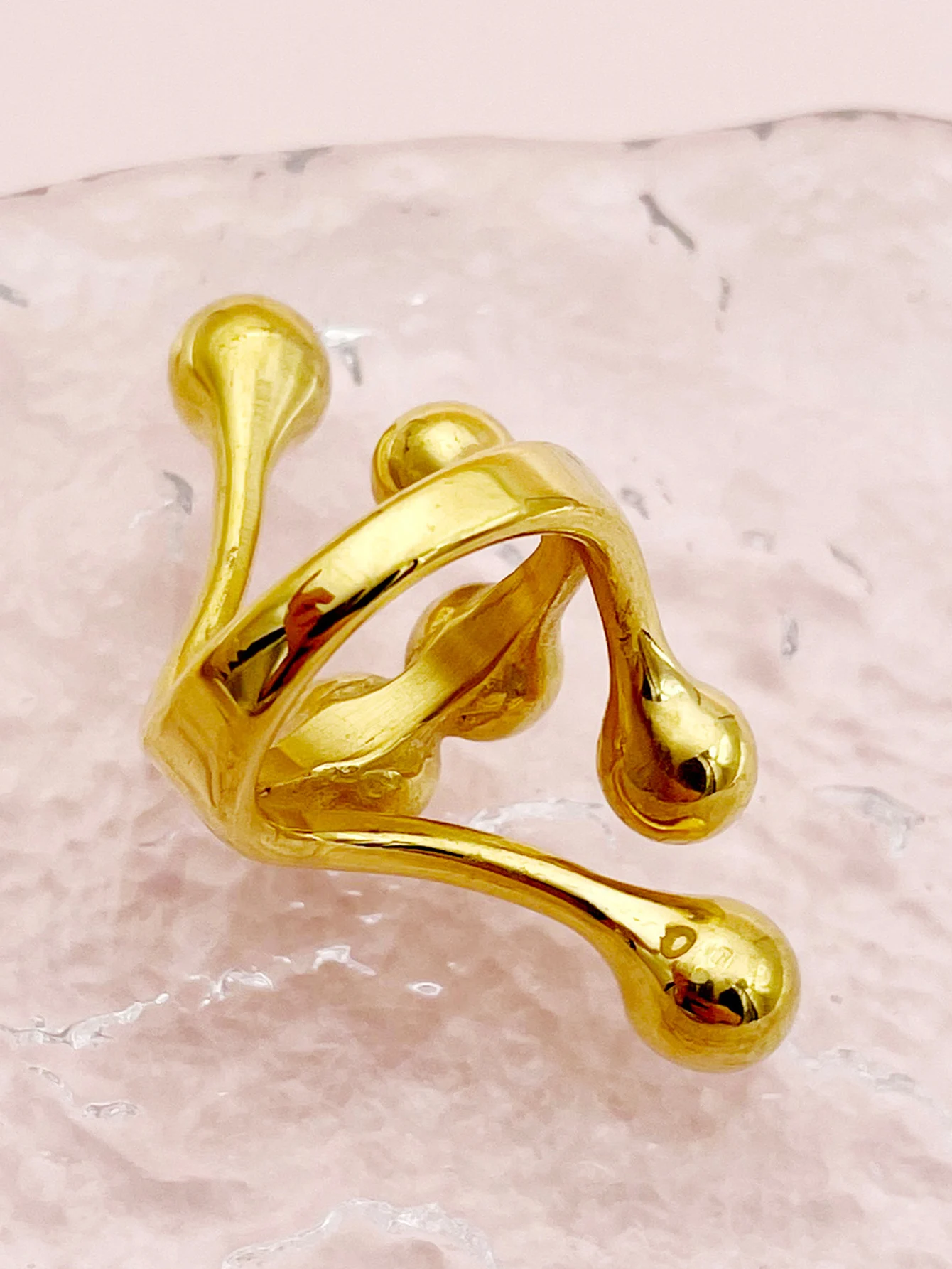 Unique 18K PVD coated gold irregular stainless steel bead ring, fashionable and chic, waterproof jewelry, creative piece.