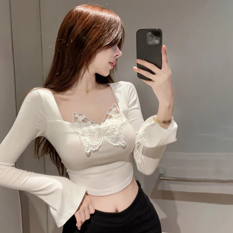 Women's Tops Solid Colour Spring  Autumn Square Neck Three-dimensional Butterfly Slim Sexy Long Sleeves  Crop Top