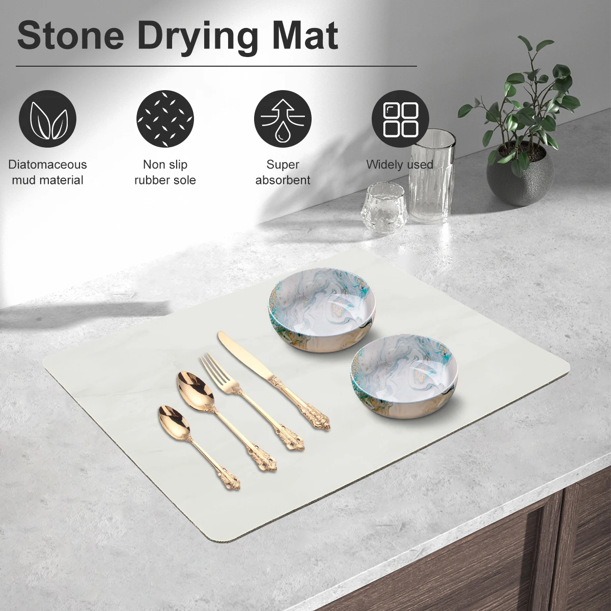 2Pcs Counter Drying Mat Diatomaceous Earth Tableware Mat Marbling Dish Drying Mat Simple Heat-Resistant Draining Mat