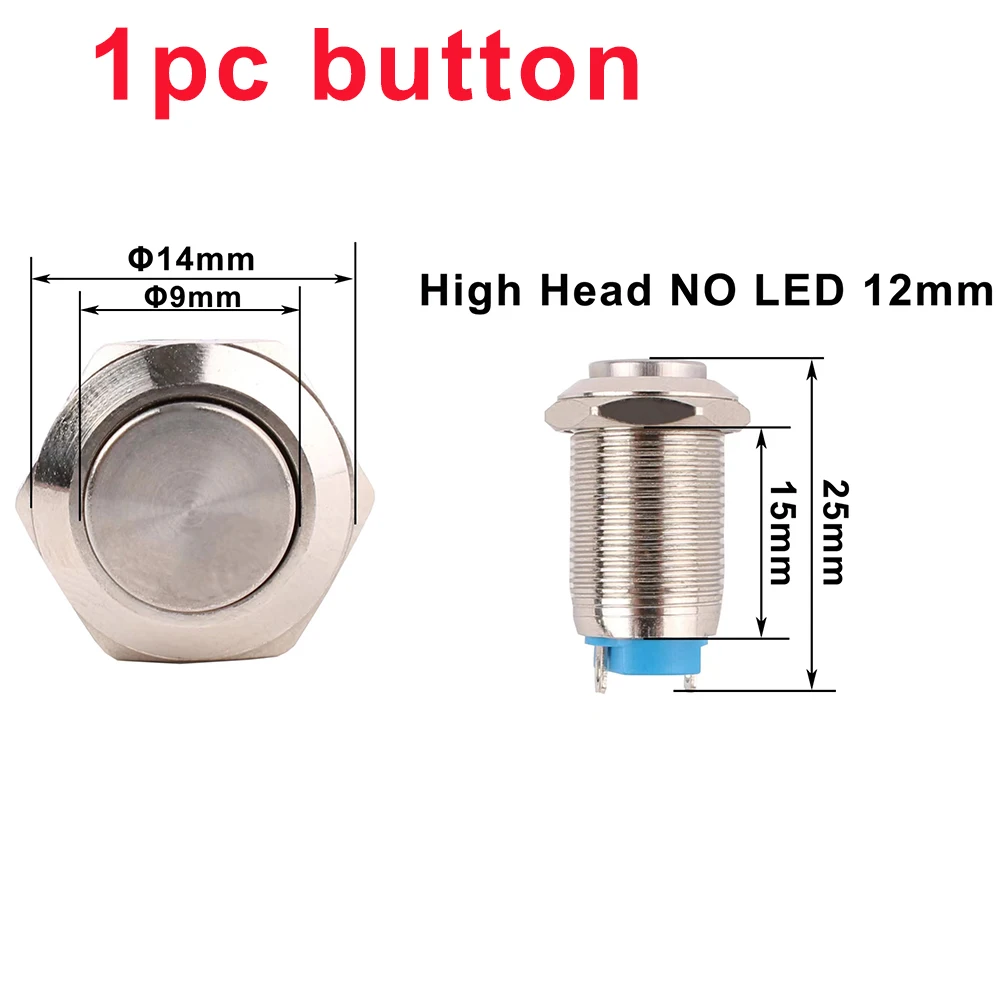 12mm Anti-Vandal Metal Waterproof  Push Button Switches Without LED DIY High Round Latching 2A/250V