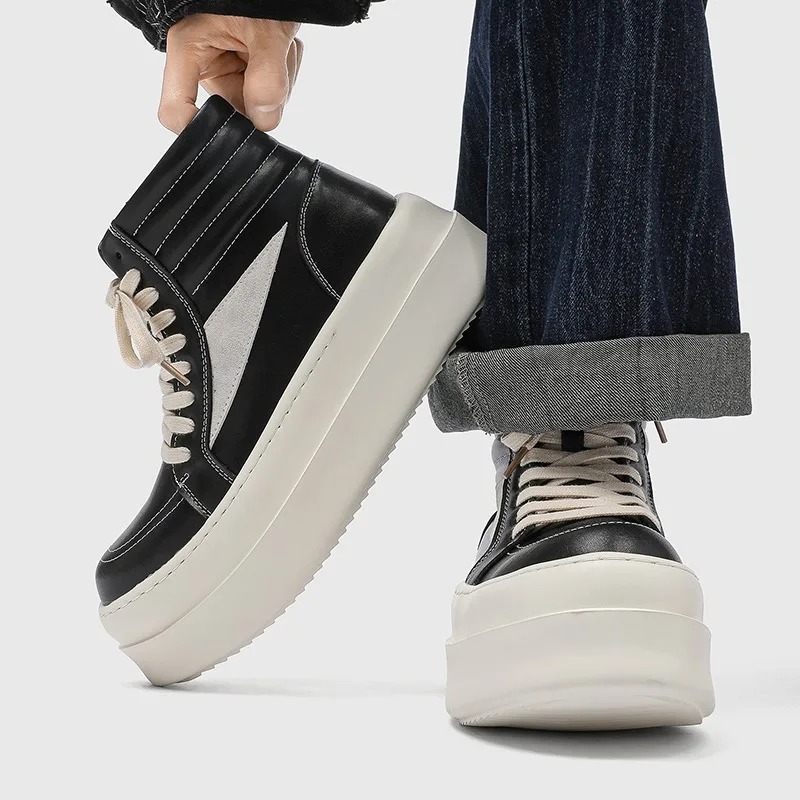 

Couple Casual Short Boots Leather Canvas Version Black White High-top Womens Men Shoes Fad Thick-soled Heightening Ankle Booties