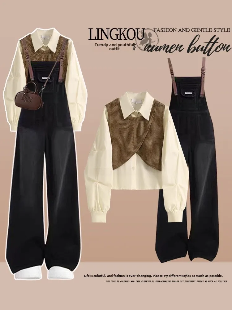 

Ele plus Size Spring Autumn Korean Sle Two-Piece Set Women's Casual High Waist Denim Jumpsuit Slimming irt And Jeans