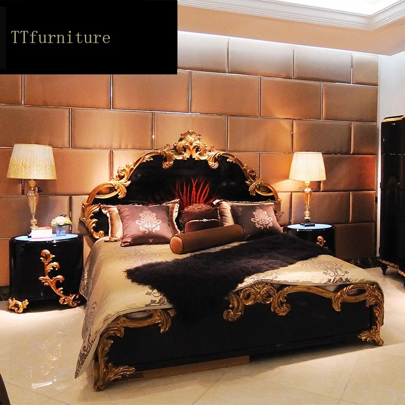 

modern european Italian solid wood genuine leather bed Fashion Carved luxurious french bedroom set furniture king size jxj92