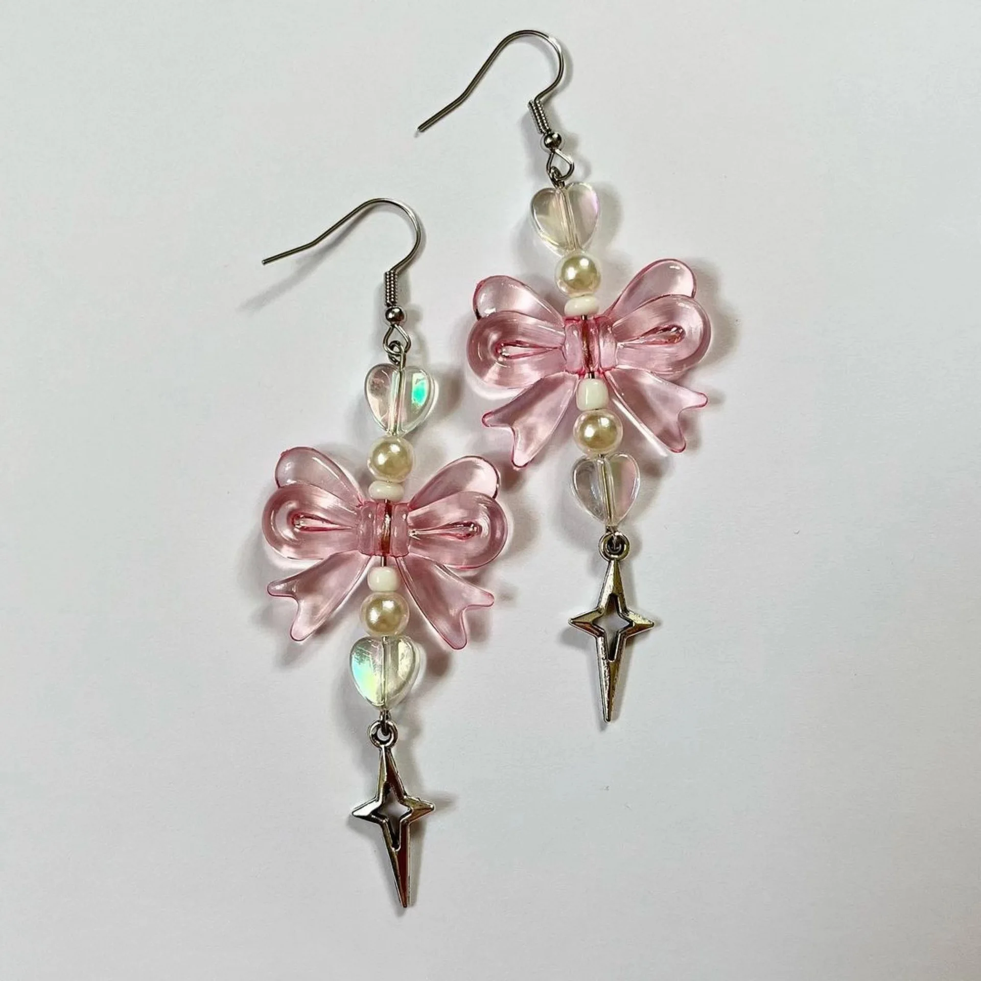 Kawaii Aesthetic Jewelry Pink Bow Earrings Korean Cute Fashion Heart Star Drop Earrings for Women Harajuku Accessories TRENDY