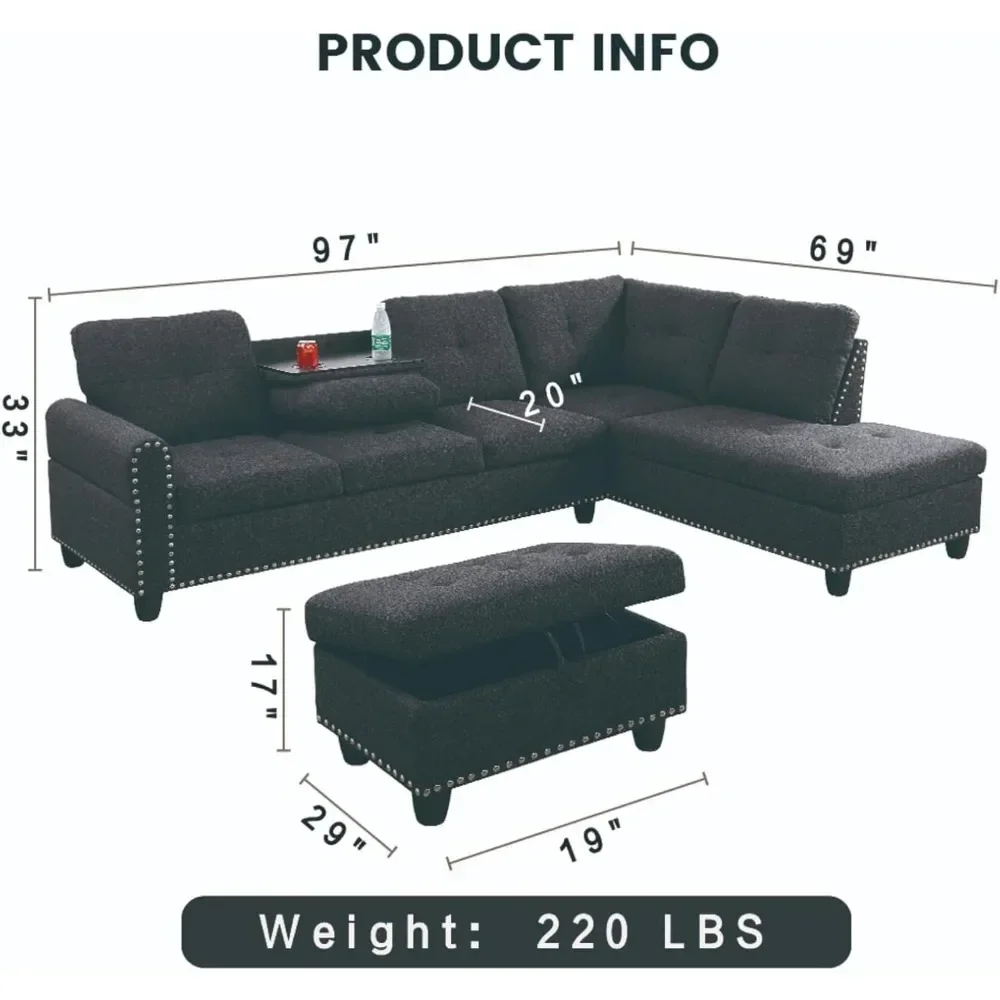 Sectional Sofa with Ottoman Nail-Head Design Linen Right Facing Modern Couches with Cup Holder L Shaped Sectional Sofa