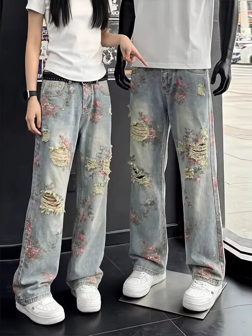 American High Street Rose Embroidery Hole Denim Pants Men's Style 2026 New Trendy Brand Handsome Straight Leg Flared Long Pants