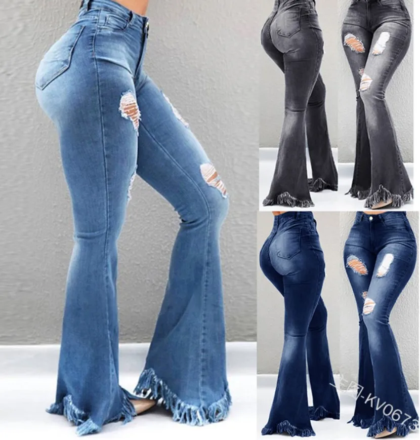 

Ripped Jean Distressed Flare Full Length Women Denim Pants Hole Pockets High Waist Washed Bleached Loose Basics 2024 Solid