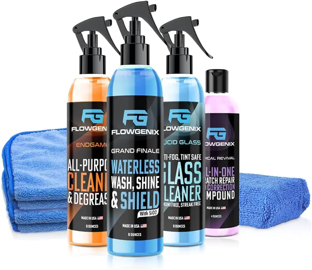 

4-in-1 Car Detailing Kit: Waterless Wash, Scratch Remover, Glass Cleaner & All-Purpose Cleaner with Microfiber Towels
