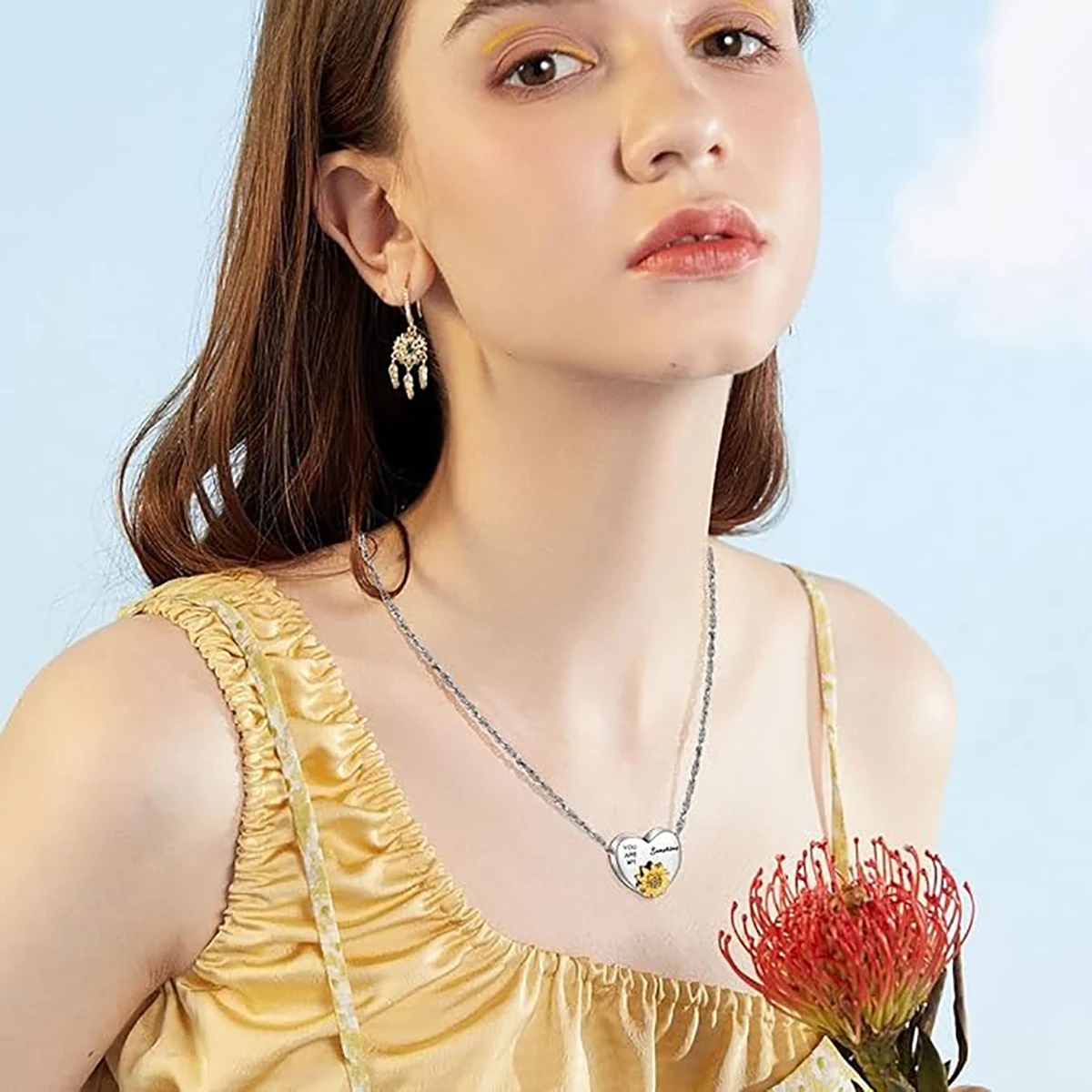 Heart Ashes Urn Pendant Necklace with Sunflower You Are My Sunshine Stainless Steel Cremation Jewelry for Human Pet Ashes