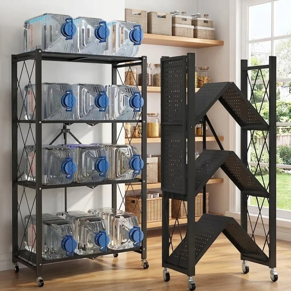 

4 Tier Foldable Metal Storage Shelving Unit Heavy Duty Rolling Storage Rack with Wheels Multifunctional Organizer Shelf for Kitc