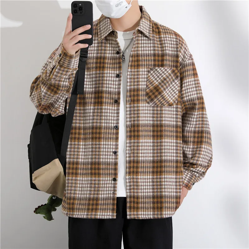 

Мужская клетчатая рубашка с длинным рукавом, свободного кроя, повседневная, на пуговицах, с классическим воротником, весна-осень, верхняя одежда из смесового полиэстера и хлопка