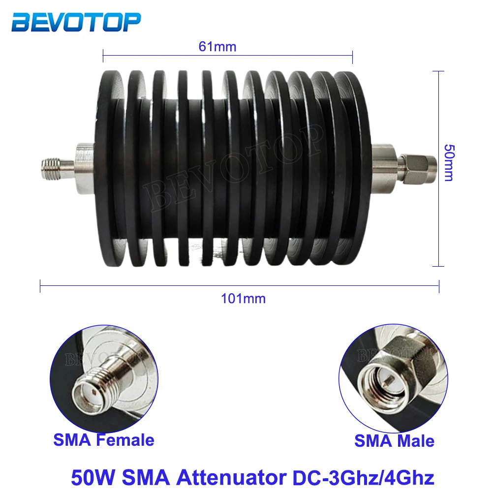 1Pcs 50W SMA Male to Female Connector SMA Attenuator 50W DC-3Ghz/4Ghz 1/2/3/5/6/10/15/20/25/30/40/50db SMA-JK RF Coaxial Power