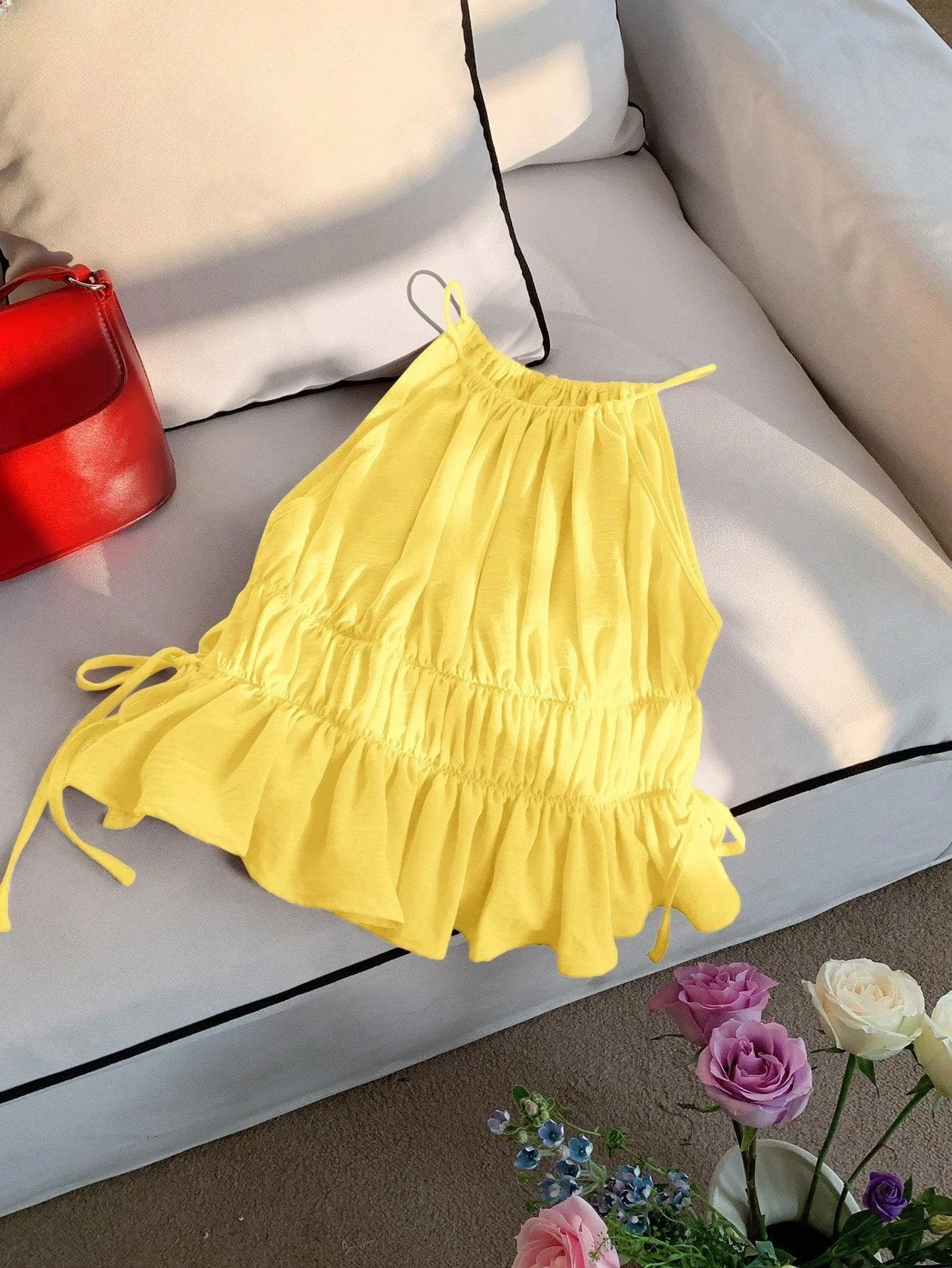 Sexy Shoulder Bared Vest for Women Holiday Resort Style Hanging Neck Design European Style Polyester Material A-Line Narrow S...