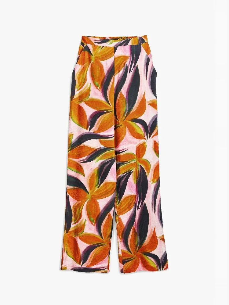 Foreign trade original order Spanish light luxury designer style positioning print elastic waist loose bohemian style pants