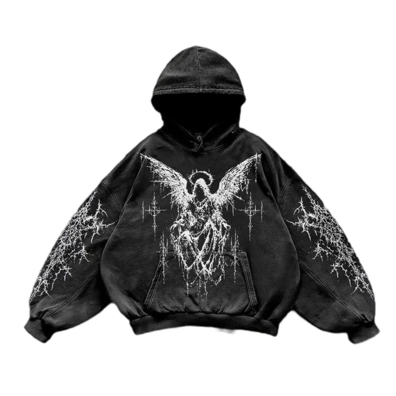 Vintage Angel Sketch Print Graphic T-Shirt Y2k Goth Oversized Hoodie Streetwear Tops Sweatshirts High Quality Clothes Men's