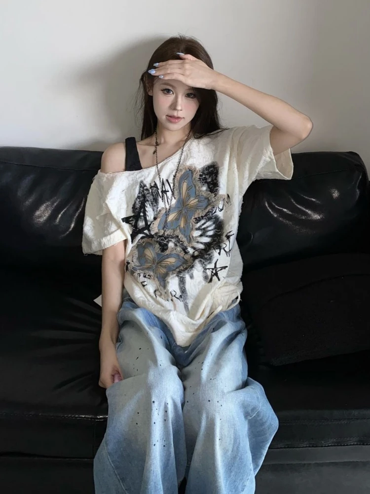Y2K الجمالية فراشة شرابات تي شيرت المرأة الشارع الشهير الجرونج عادية تيز Harajuku المتضخم انحراف طوق قبالة الكتف القمم #5
