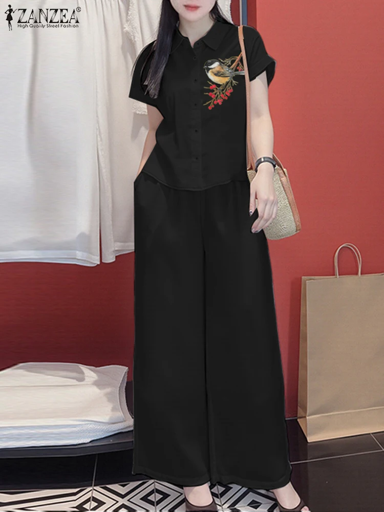 Conjuntos de pantalones de verano 2025 ZANZEA, conjuntos de 2 piezas para mujer, chándales OL de 2 uds, camisa de manga corta a la moda elegante, pantalones de pierna ancha, traje