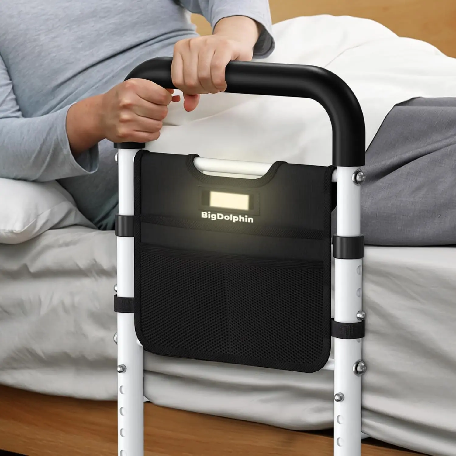 Adjustable Bed Rail with Motion Sensor Light, Non-Slip Handle & Storage Pocket, 350LBS Support for Seniors, Tool-Free Setup