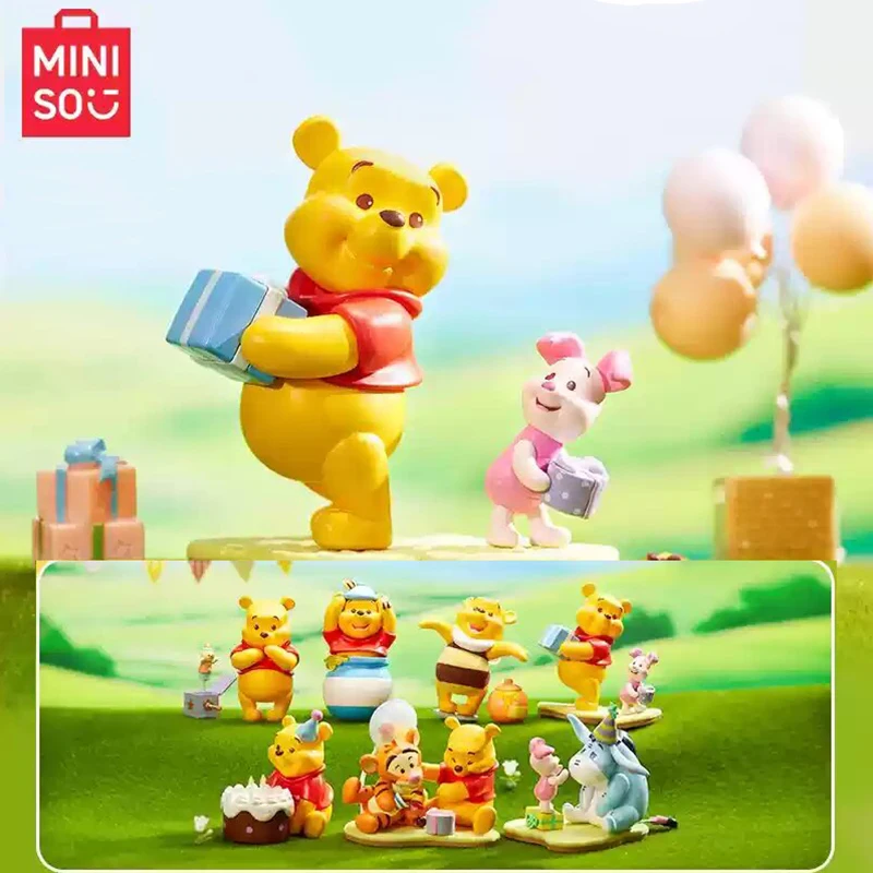 Miniso ของแท้ Winnie The Pooh Best Friends Party กล่องตาบอดรุ่นเดสก์ท็อปตกแต่ง Kawaii ของขวัญวันเกิดอะนิเมะของเล่นเด็ก