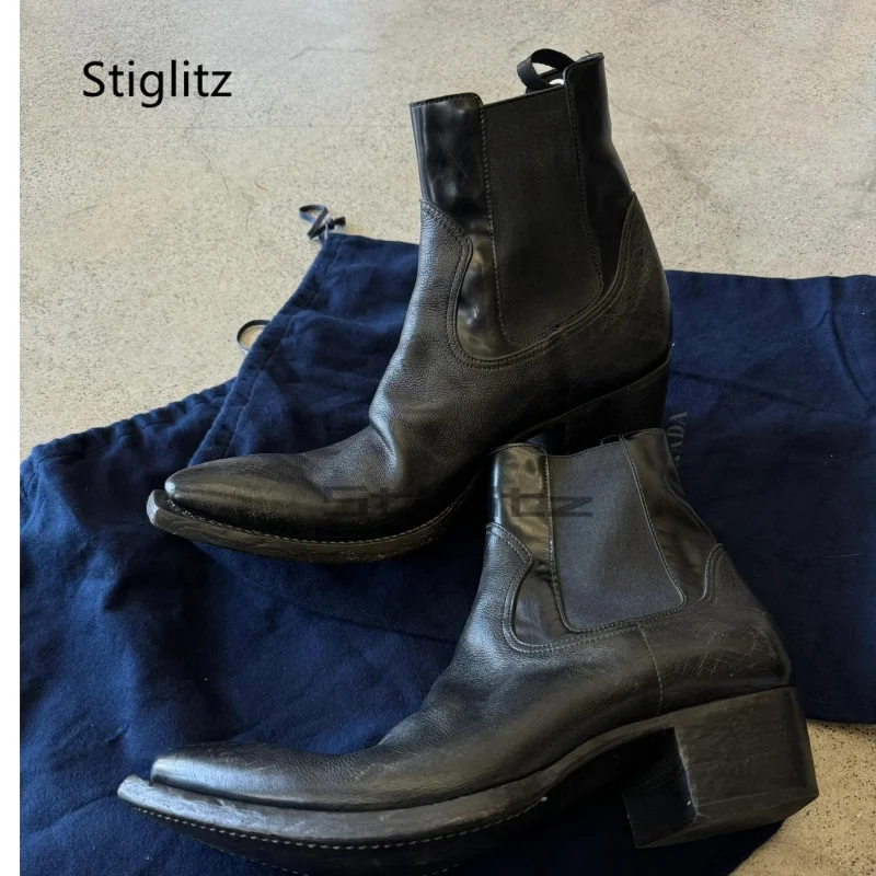 Men's Women's Upturned Chelsea Boots Retro Workwear Boots Genuine Leather Handcrafted Punk Style Elastic Boots Mid Heel Shoes