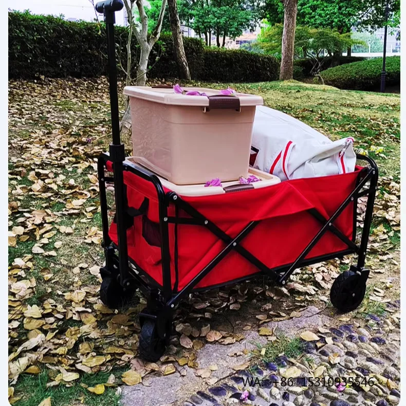 Outdoor Foldable Red Camping Wagon Cart Portable Collapsible Shopping Cart Adjustable Trolley for Children Picnic Beach