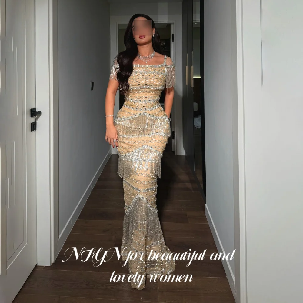 NFYN Luxury Champagne Square Neck Evening Dress Heavy Beaded Fringe Prom Gown Tasse Slim Mermaid Train Party Dress Customized
