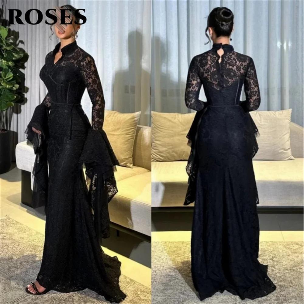 

ROSES Black Mermaid Prom Dresses High-Neck Long Sleeves Lace Evening Dresses with Cascading Ruffles Party Dresses Customized