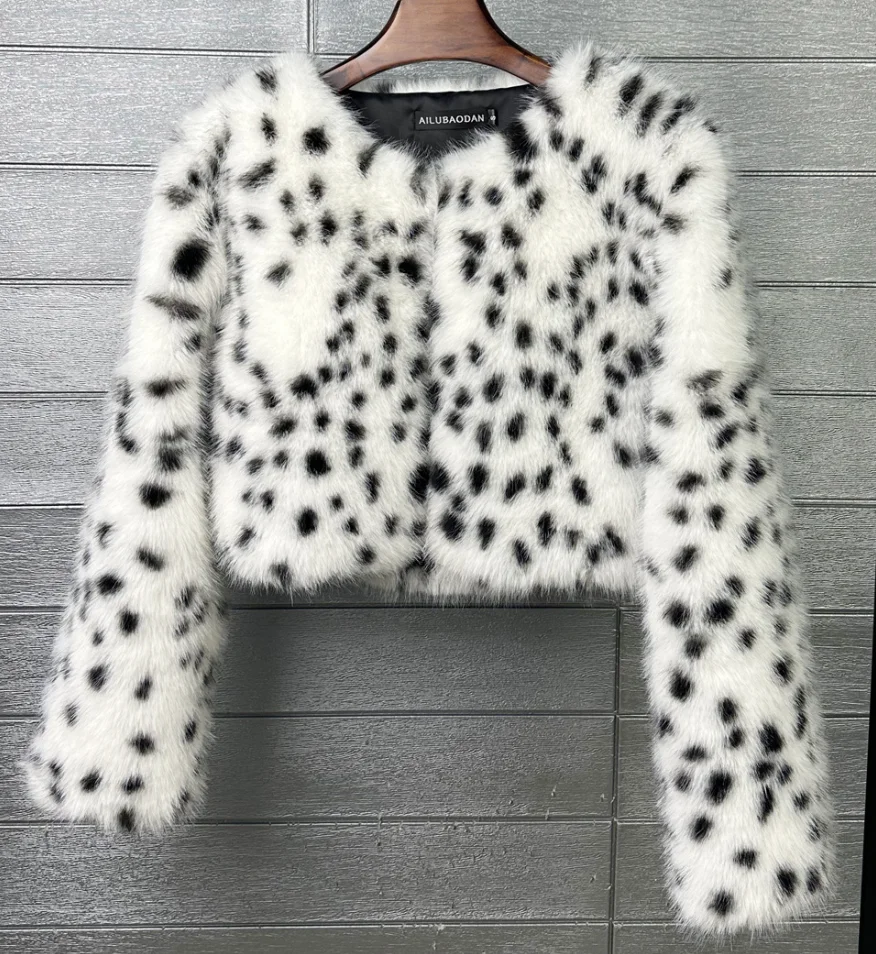 Women Cropped Faux Fox Fur Coat Fluffy Plush Leopard  Print Short Jacket Artificial Fur Crop Outerwear Ladies Furry Overcoat