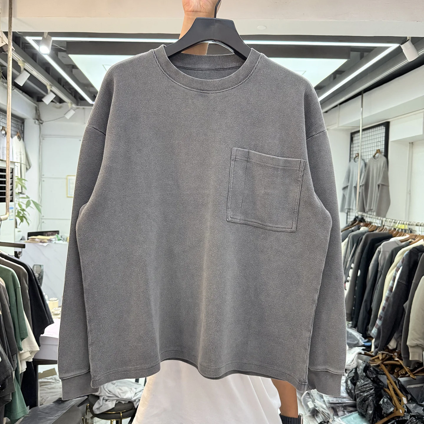 

American Sle Heavyweight Gingham Color Chest ket Design Retro Loose Casual Hooded Long Sve T-irt ex Trendy