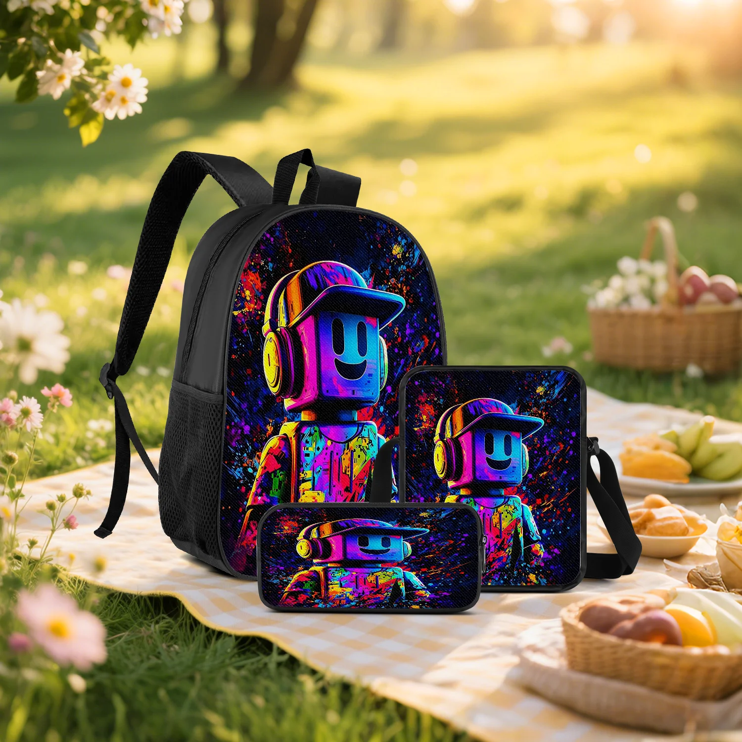 3-Piece Colorful Robot Figure Print Backpack Set, Includes Backpack, Crossbody Bag and Pencil Case, Lightweight Unisex