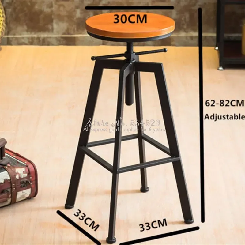 Industrial Wind Rotating Stool Iron Furniture Home Lifting Chair Solid Wood High Bar Adjustable Pub Chair Vintage High Seat