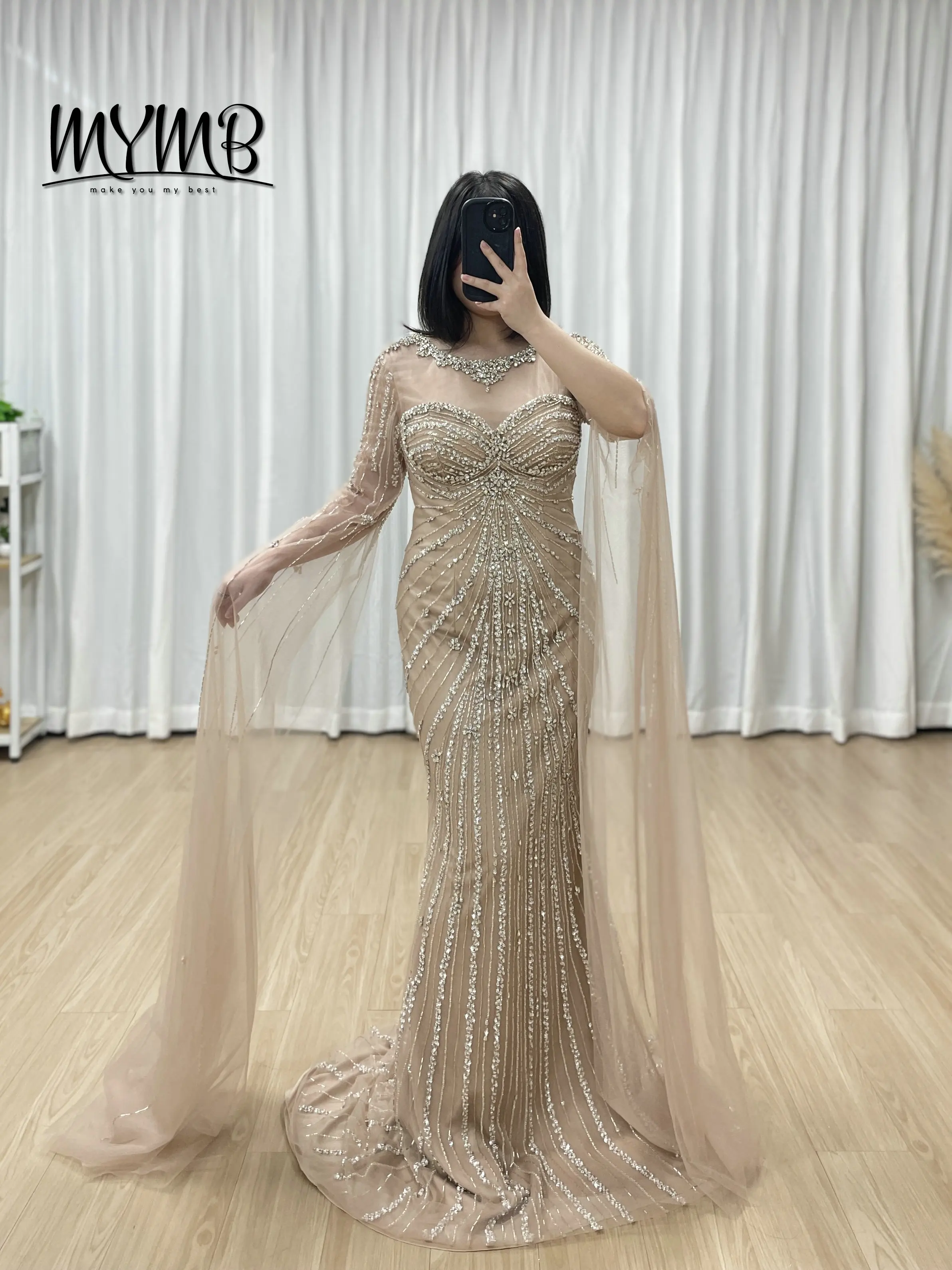 

MYMB Luxury Elegant Caramel Cape Sleeves Green Mermaid Evening Dresses Beaded Crystal Formal Party Prom Gowns for Women MC20121