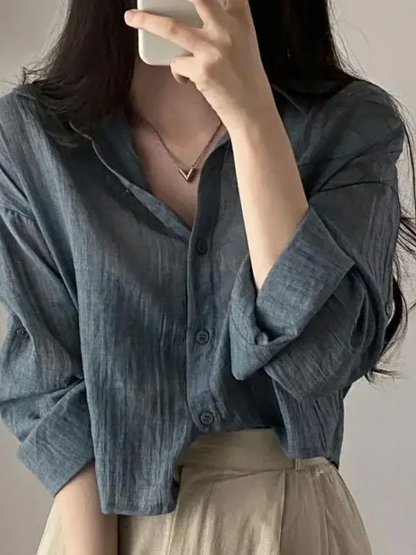 

Korean Sle Women's Long Sve Pleated irt Loose Fit Polyester Material Casual Chic Sle Spring Summer Autumn Season