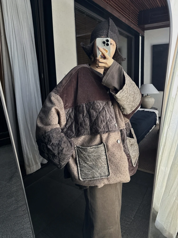 

Owi Patchwork Duvet Coat Loose Silhouette Lightweight Warmth Ten Pieces of Fabric Asymmetrical Hemline Long Sve ort Sle