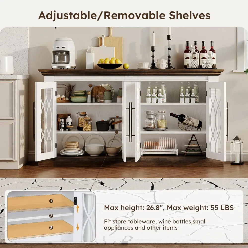 Aparador Buffet de granja con 4 puertas de vidrio, gabinete de almacenamiento para cafetería, vino, mesa de Buffet con estantes ajustables