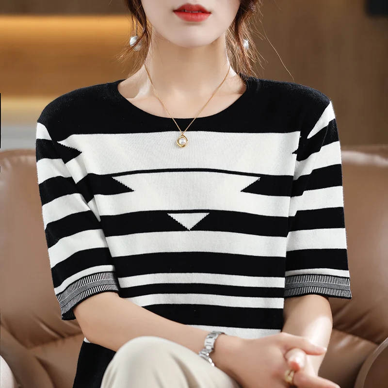 Women\'s T-shirt Spring/Summer 100% Cotton Knitwear Casual Striped Pullover Short Sleeve Round Neck Tees Loose Blouse