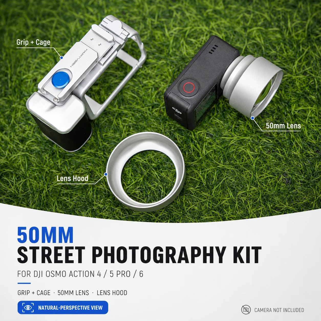 50mm Lens Street Photography Grip Kit for DJI Osmo Action 4 5 Pro 6 Camera Cage Handle Optical Lens Hood