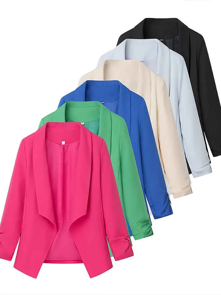 

European style women's clothing new style fashionable versatile lapel pleated decoration casual candy color suit jacket