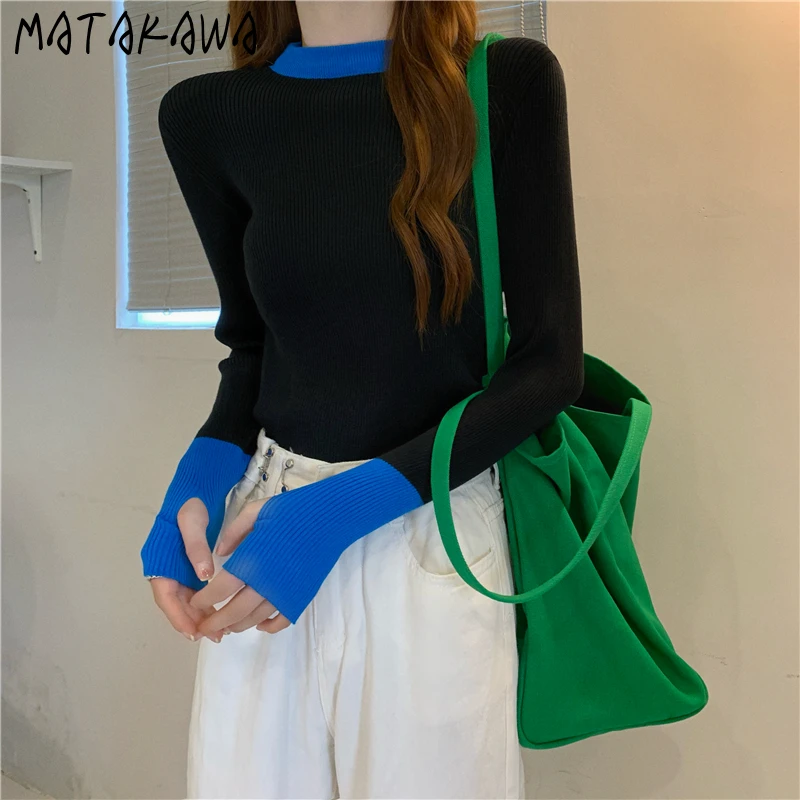 MATAKAWA Sweater Korean Fashion Thin Y2k Pullover Contrast Color Retro Long Sleeve Slim Jersey Top Elegant Sueters De Mujer