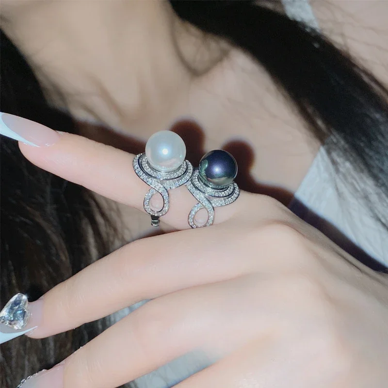 

MDLFES Moissan Diamond Style Ribbon Black Bead Ring Women 18K Gold Plated Micro Zirconia Baroque