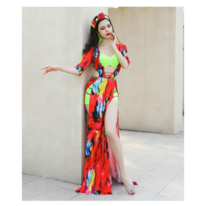 여성 밸리 댄스 클래스 유니폼 꽃 인쇄 Baladi 드레스 Saidi 드레스 소녀 민속 의상 세트 머리띠와 긴 가운